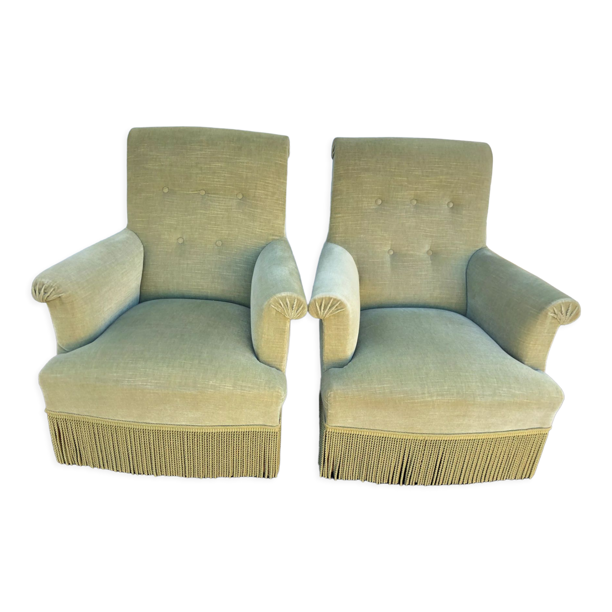 Pair of vintage almond green velvet armchairs