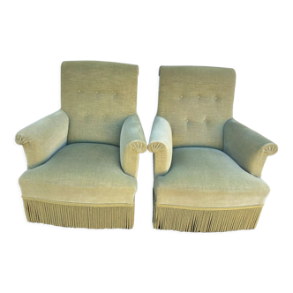 Paire de fauteuils vintage en velours vert amande