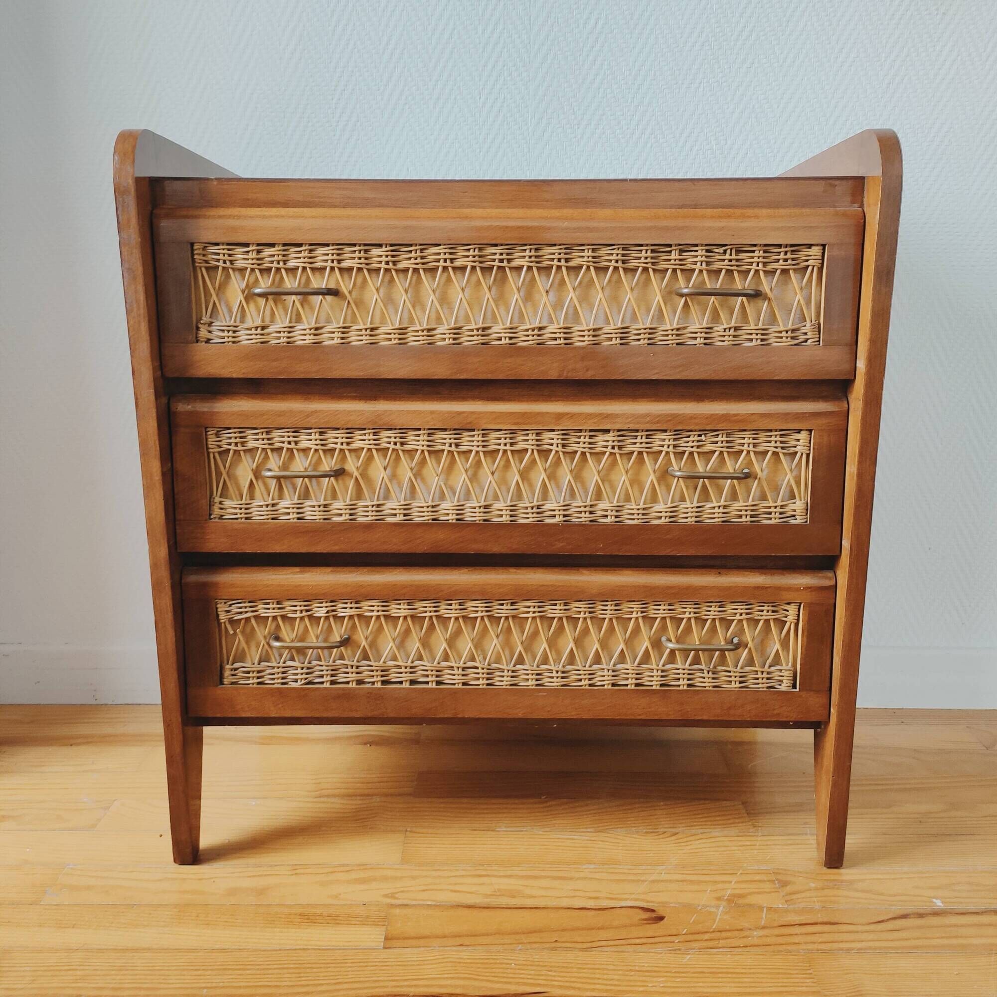 Vintage 1950 wood and rattan chest of drawers