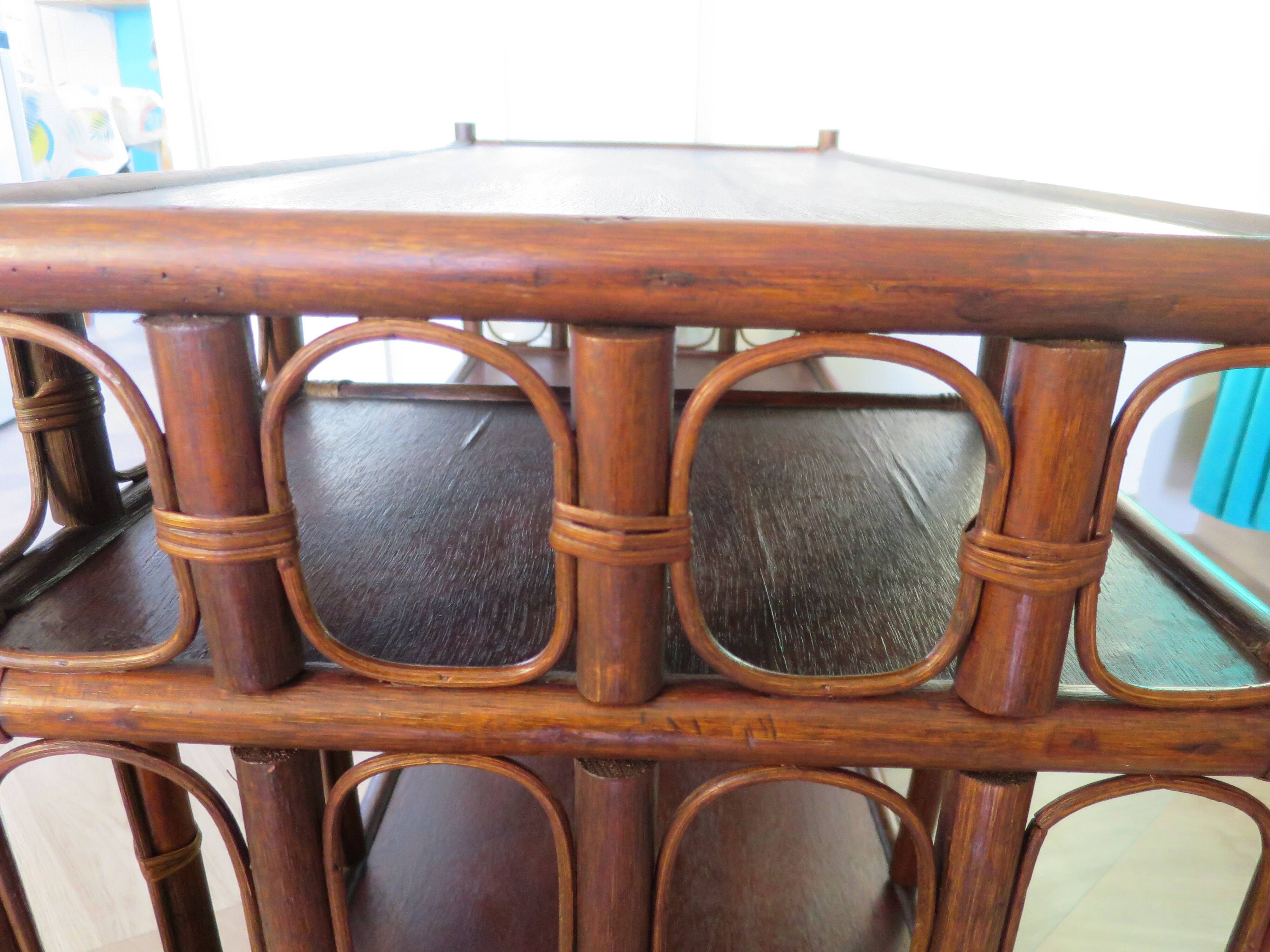Retro side table - vinyl furniture - rattan and bamboo - 1980s