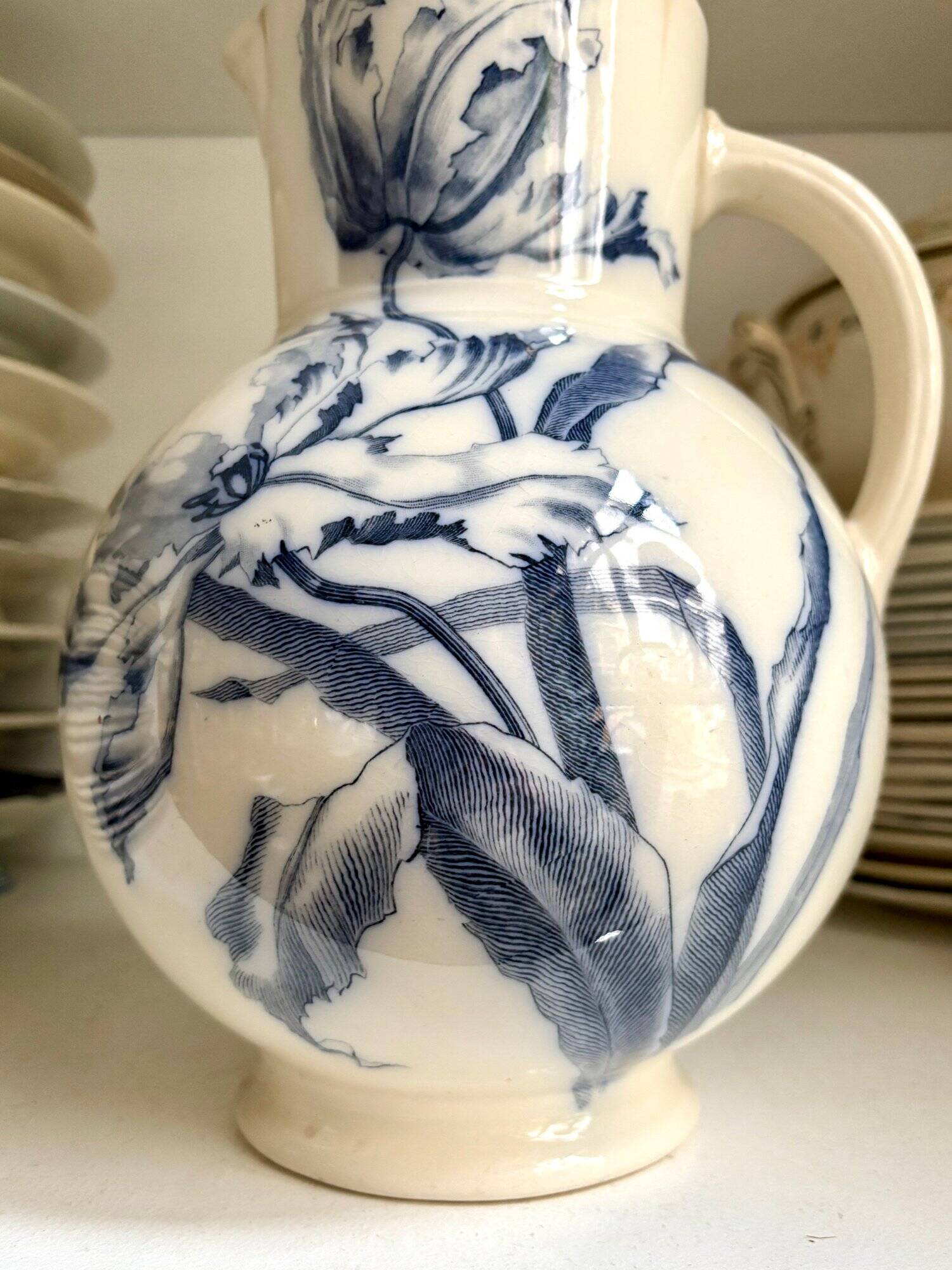 Sarreguemines pitcher, iron earthenware jug, "Narcissus" service