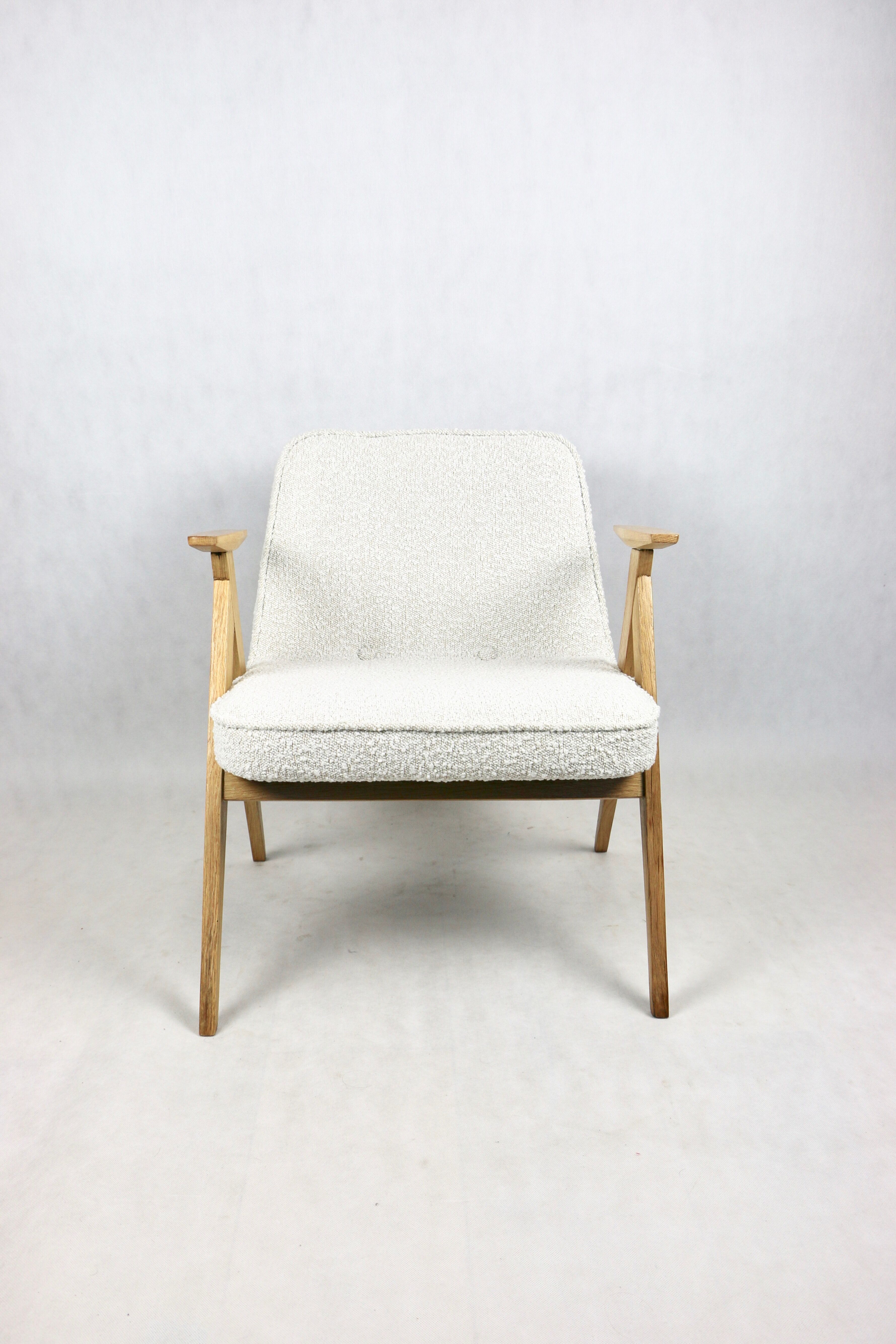 Pearl Boucle & Oak Armchair by Józef Chierowski, 1970s