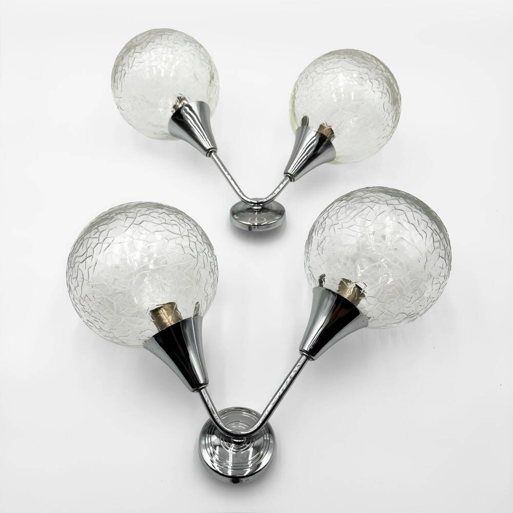 Pair of Space Age wall lights with cracked glass and chrome