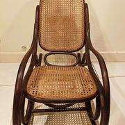 Vintage rocking chair for children in dark rattan and canework, rocking chair