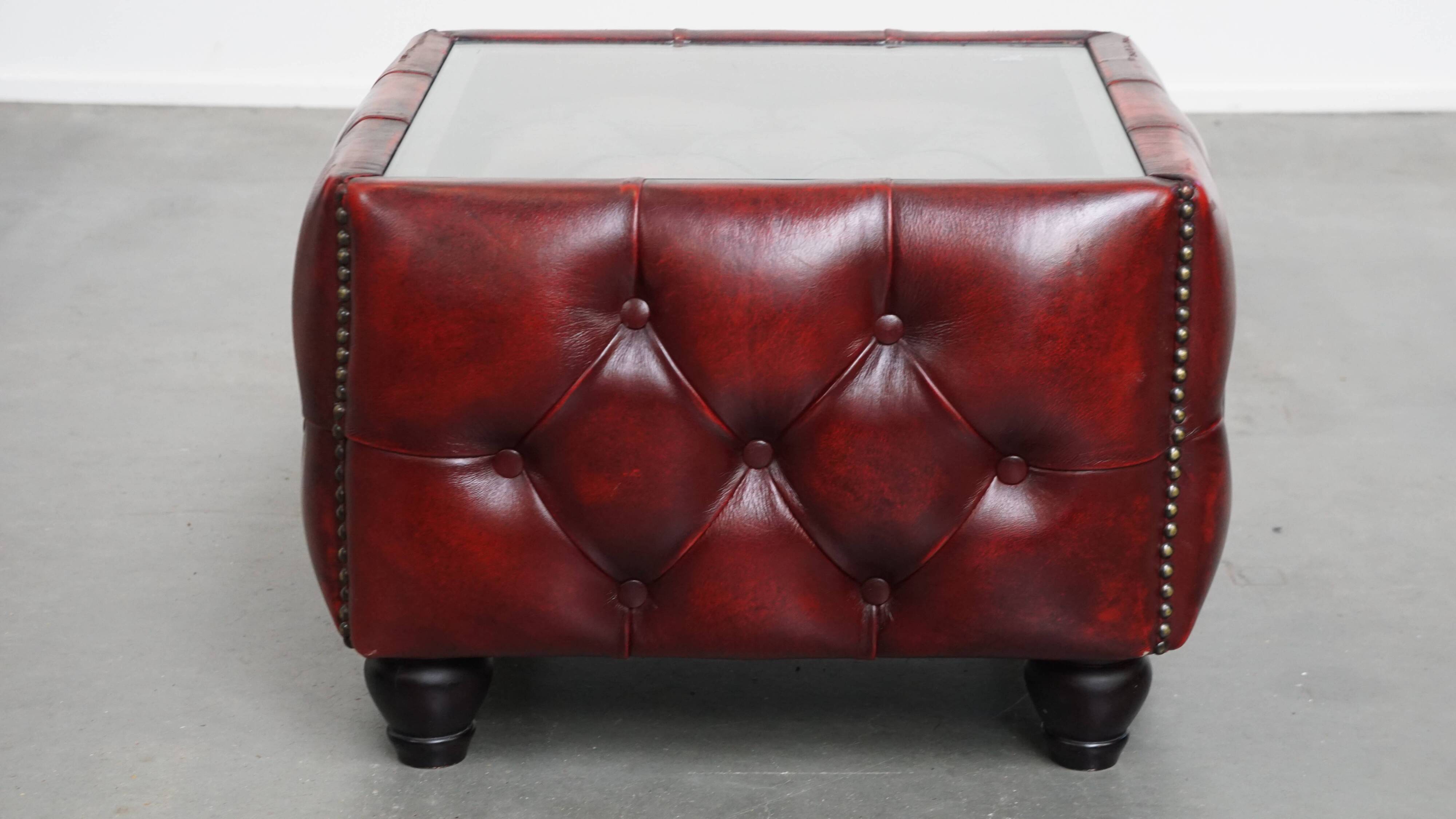 Set of a Red Cowhide Leather Chesterfield Club Chair and Side Table