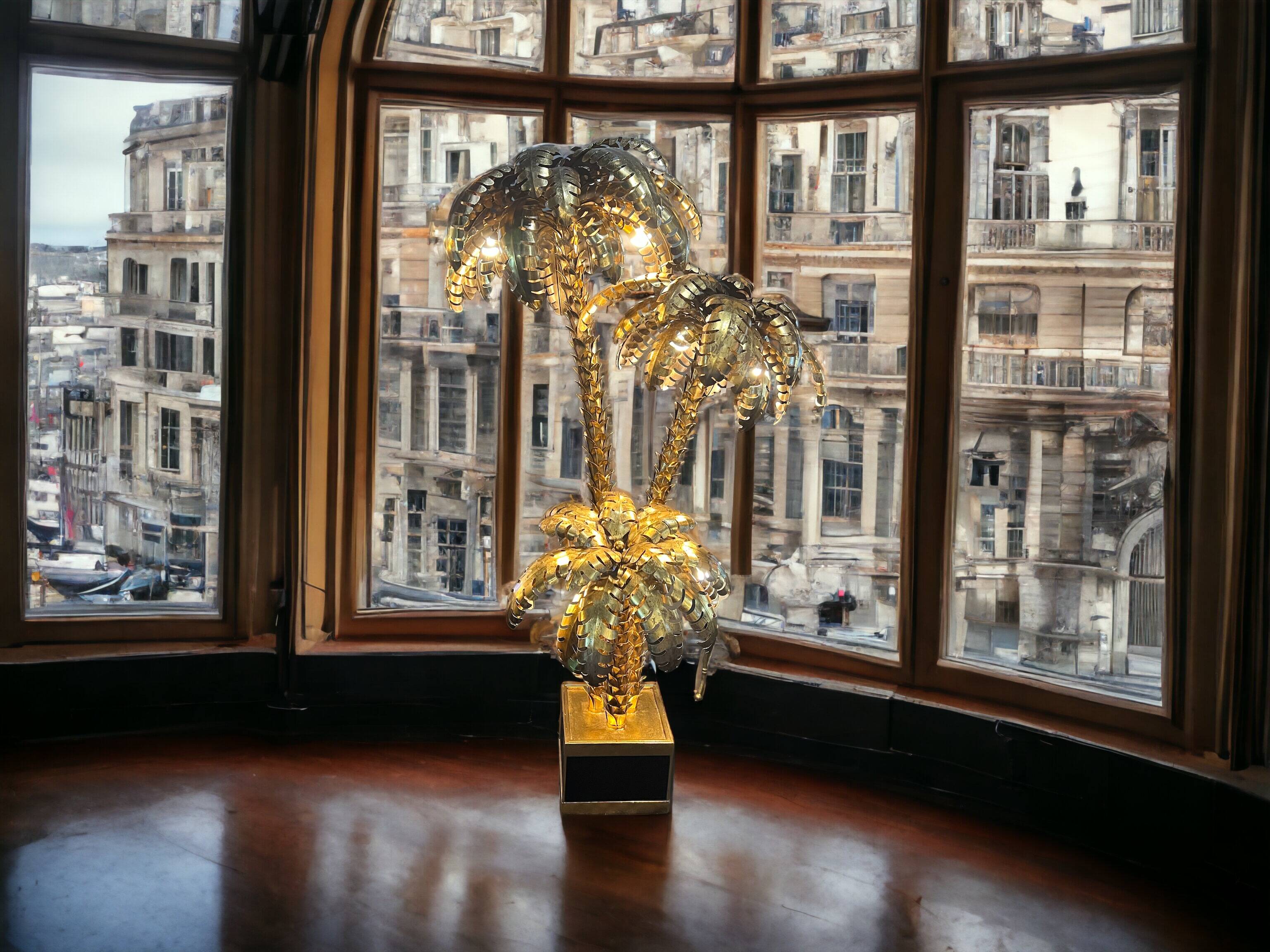 Lampadaire en forme de palmier a 3 branches en métal doré