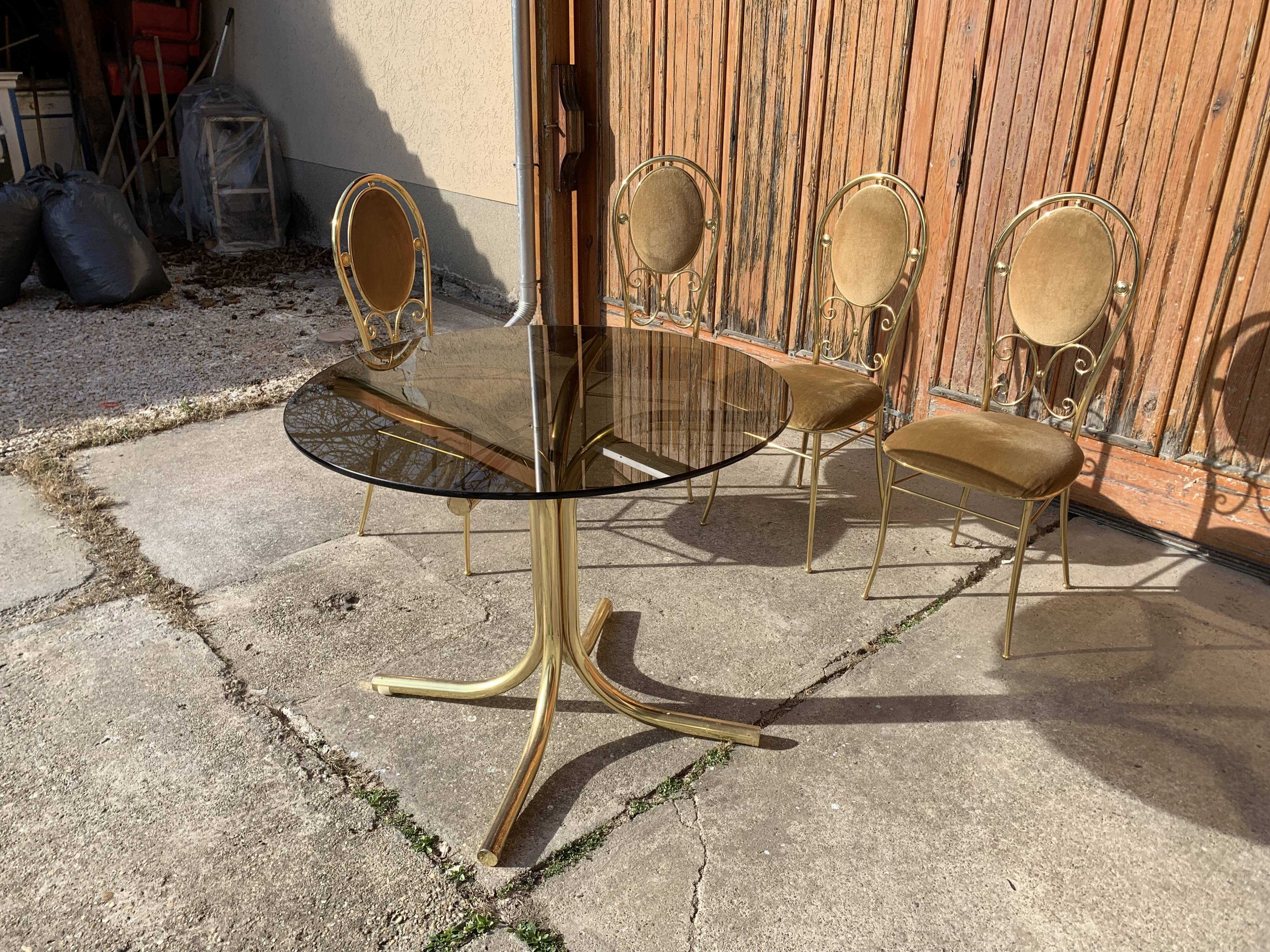 Vintage italian brass dining chairs and table by paolo salice, 1970s, set of 5