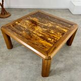 Ancienne table basse plateau marbre doré design années 70 pieds bois vintage