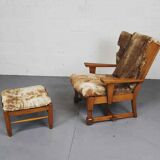 Brutalist oak lounge chair and ottoman