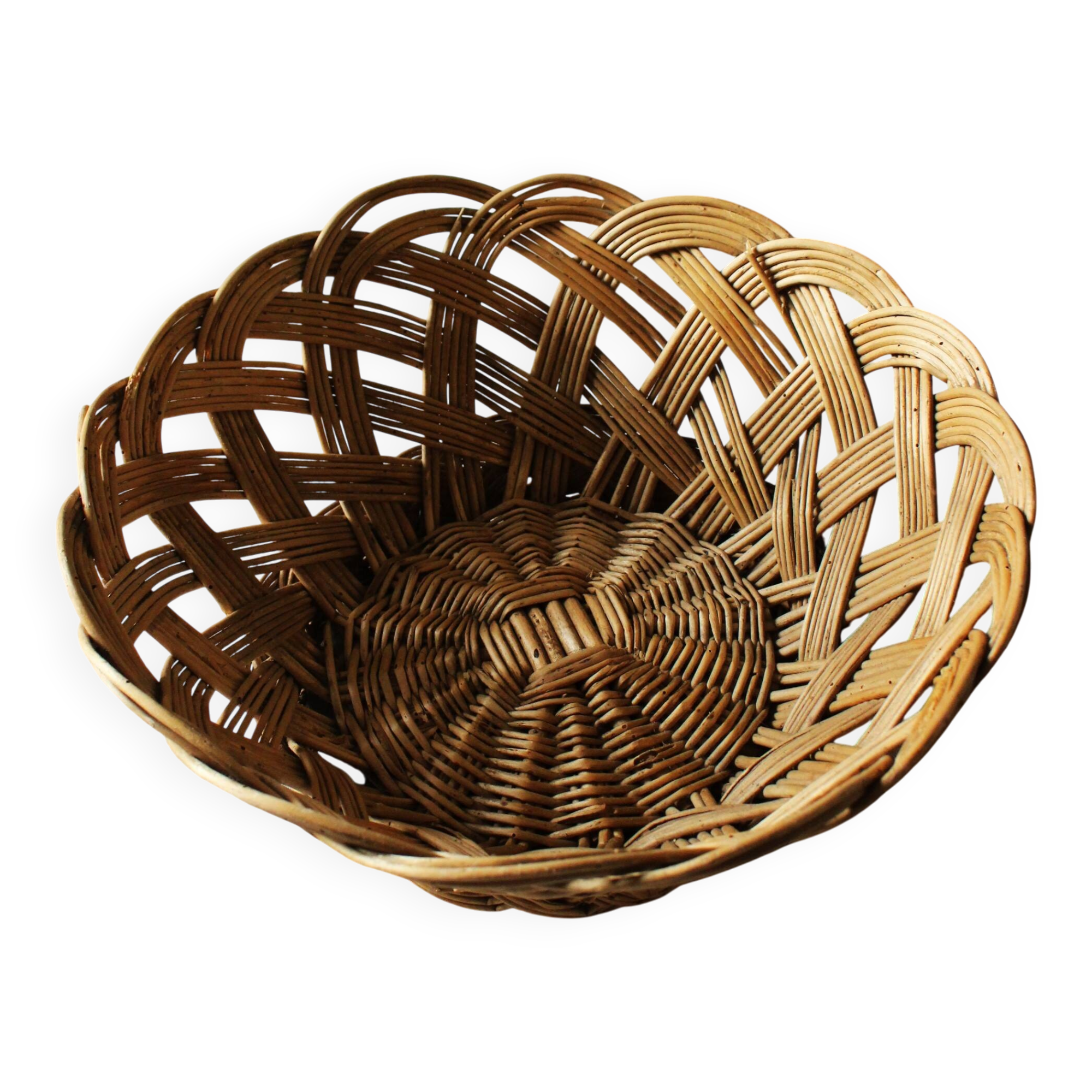 Vintage round wicker basket on stand