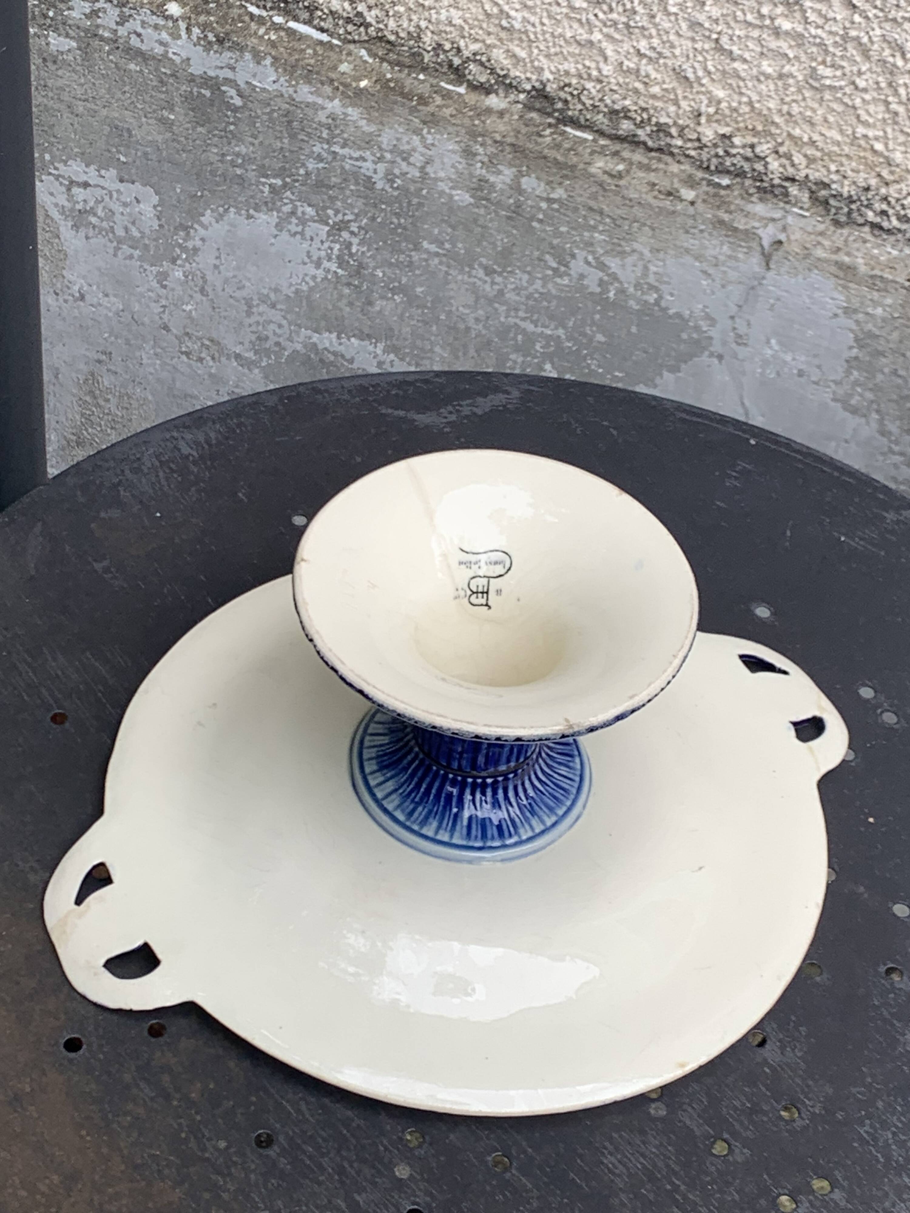 Fruit bowl, blue earthenware compote dish, slip, grape model, HBC