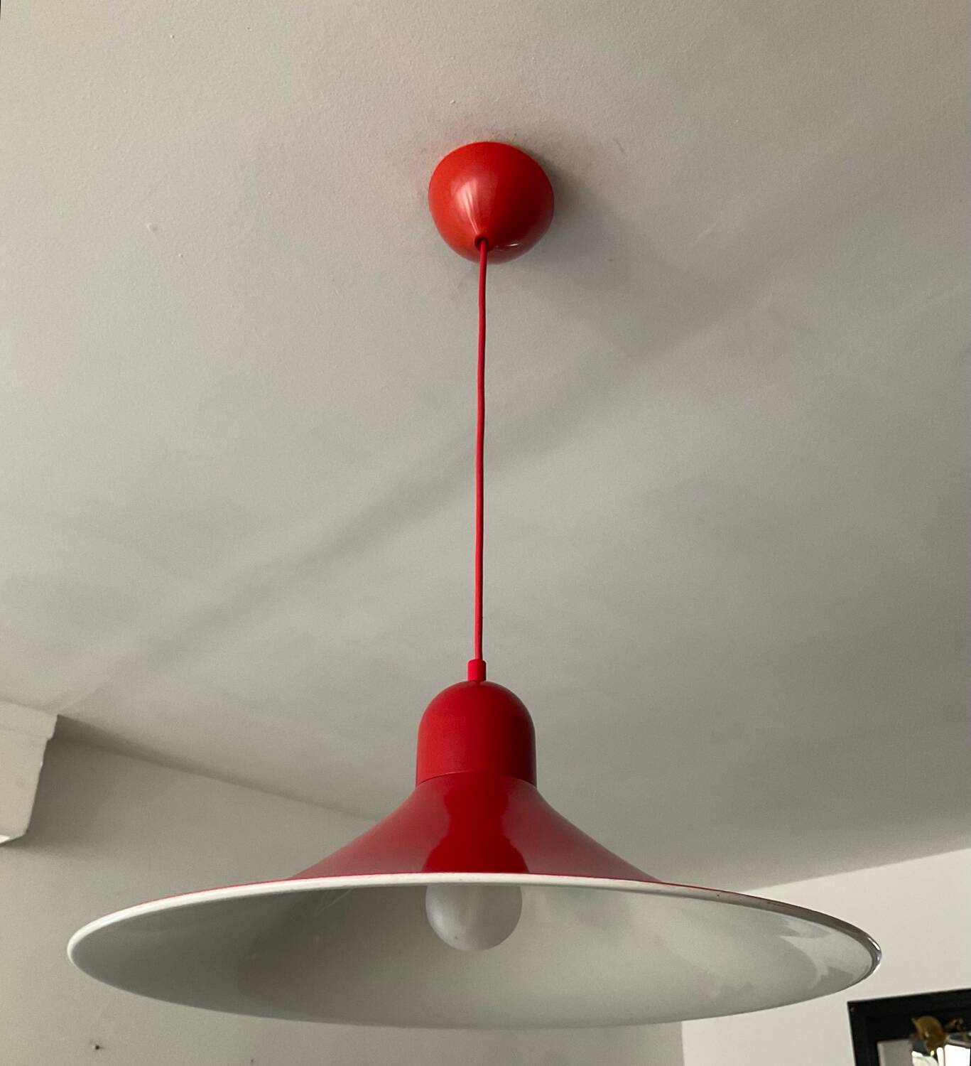 Space Age red metal saucer pendant light from the 70s-80s