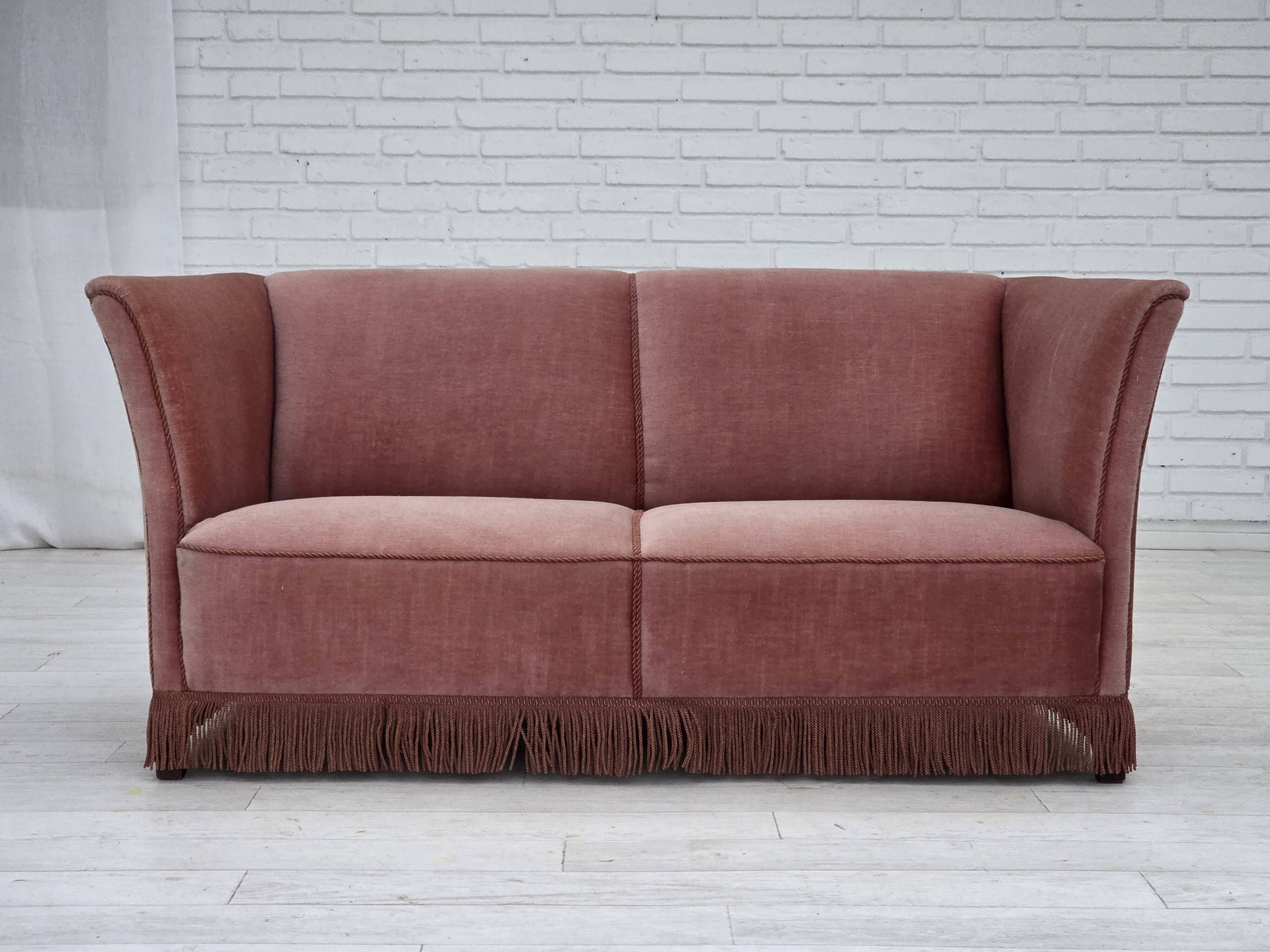 1970s, Danish 2-seater sofa, original salmon pink furniture velour.