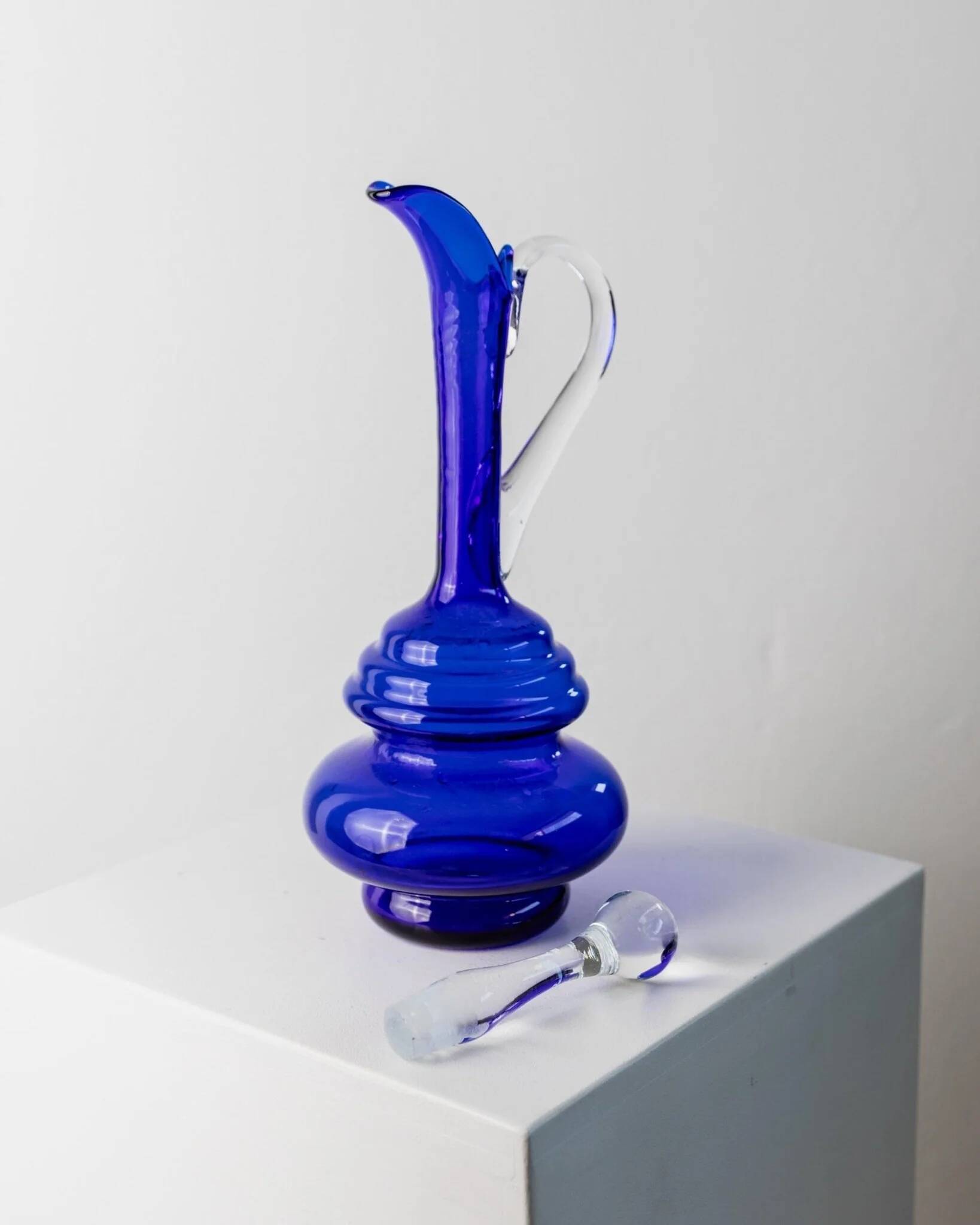 Murano cobalt blue glass carafe with clear handle and stopper - 1960s Italy, vintage mid-century design