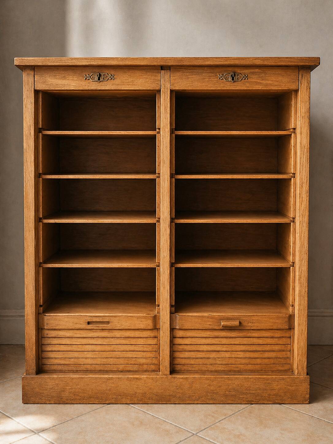 Old oak filing cabinet with curtains, notary furniture style.