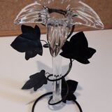 Glass soliflore vase in the shape of a fleur-de-lis on metal base