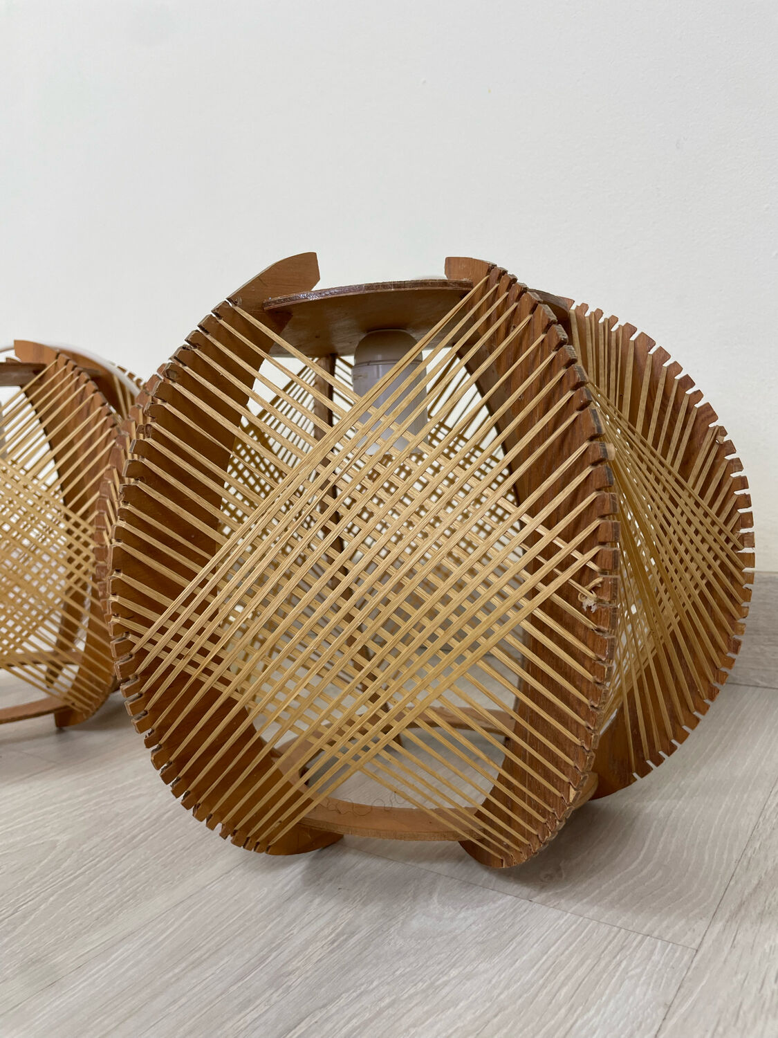 Pair of Scandinavian pendant lamps in wood and wires