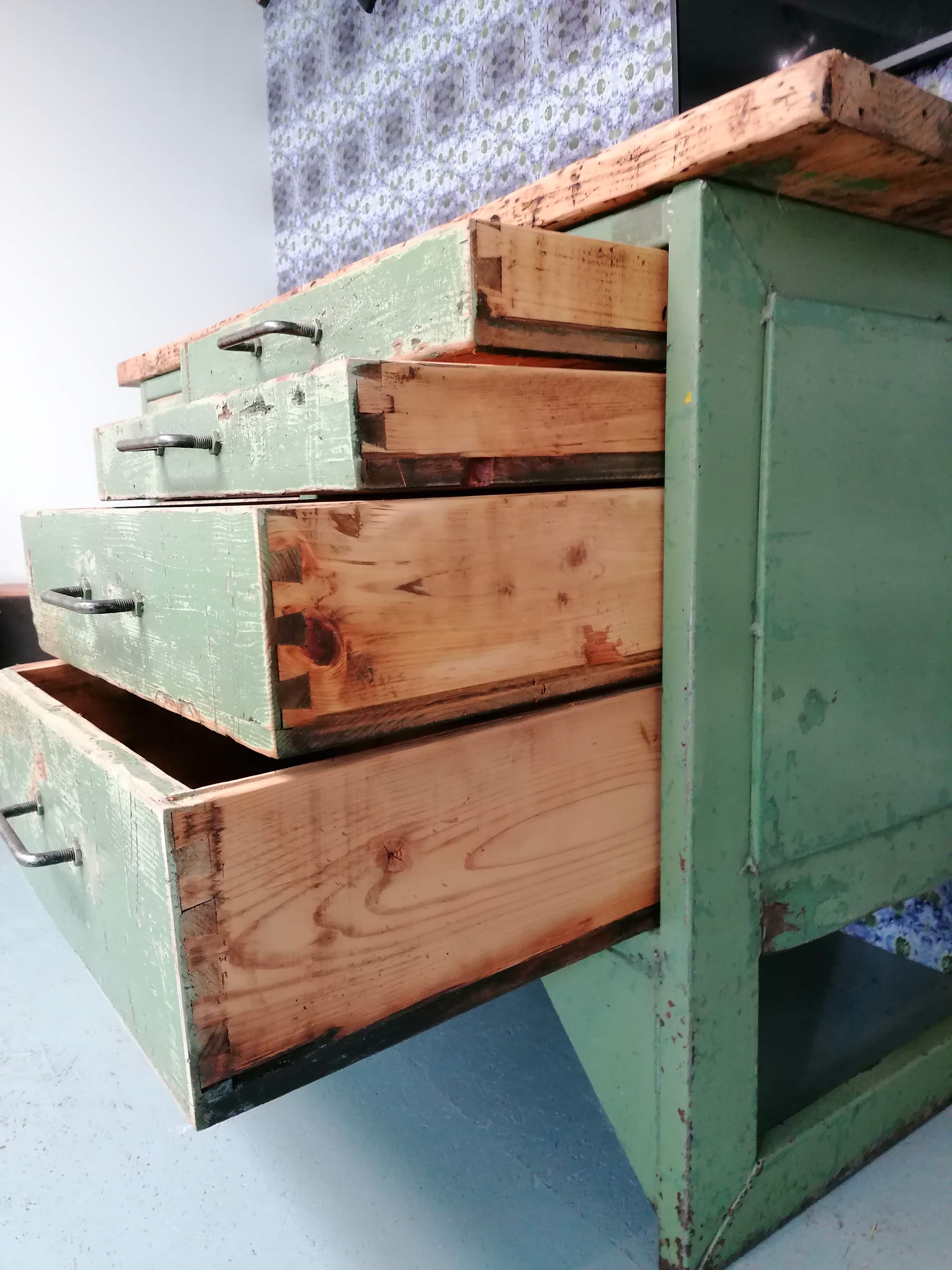Old wooden garage workbench, industrial vintage.