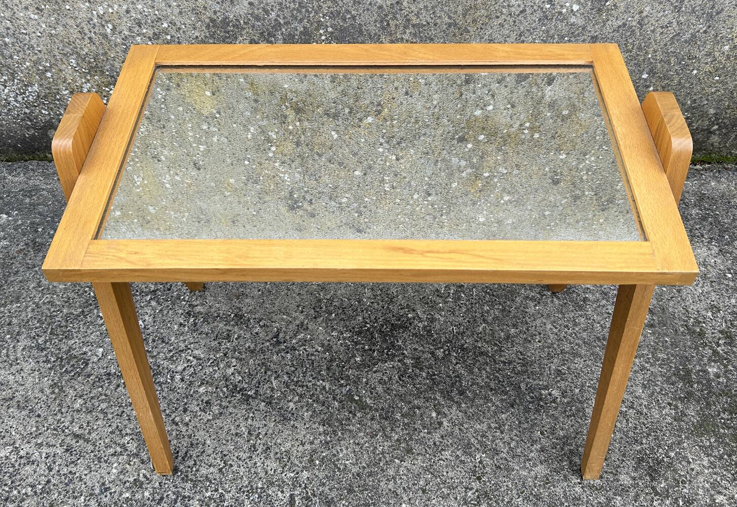 Small coffee table, wood, compass legs and mirror, vintage, 1960s