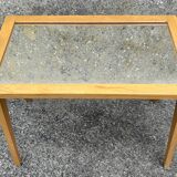 Small coffee table, wood, compass legs and mirror, vintage, 1960s