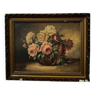 Oil on panel signed still life bouquet of roses 1936