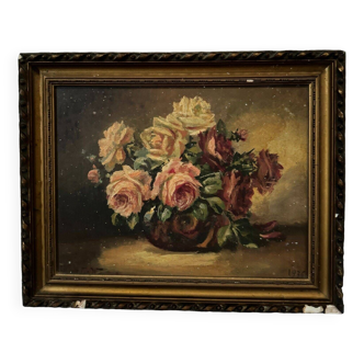 Huile sur panneau signée nature morte bouquet de roses 1936