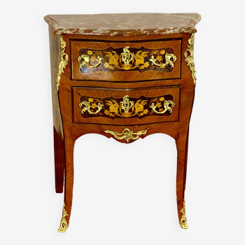 Louis XV period chest of drawers, rosewood marquetry, amaranth, gilded bronzes, red marble