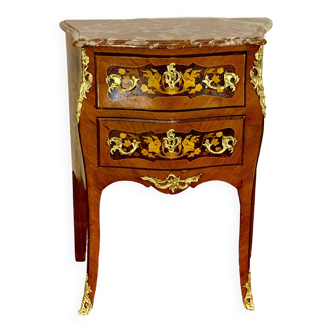 Louis XV period chest of drawers, rosewood marquetry, amaranth, gilded bronzes, red marble