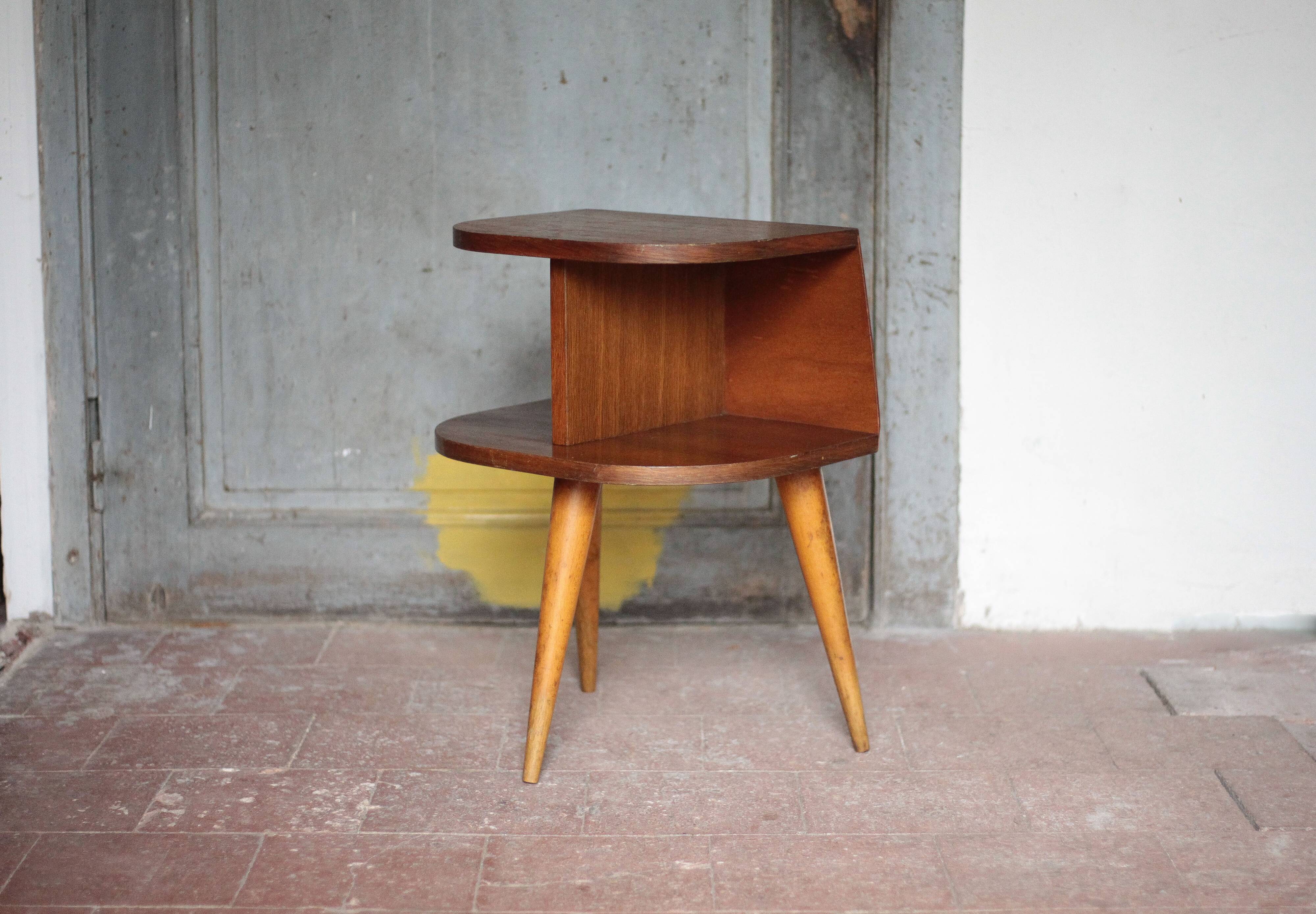 Vintage wooden bedside table, wooden bedside table with compass legs