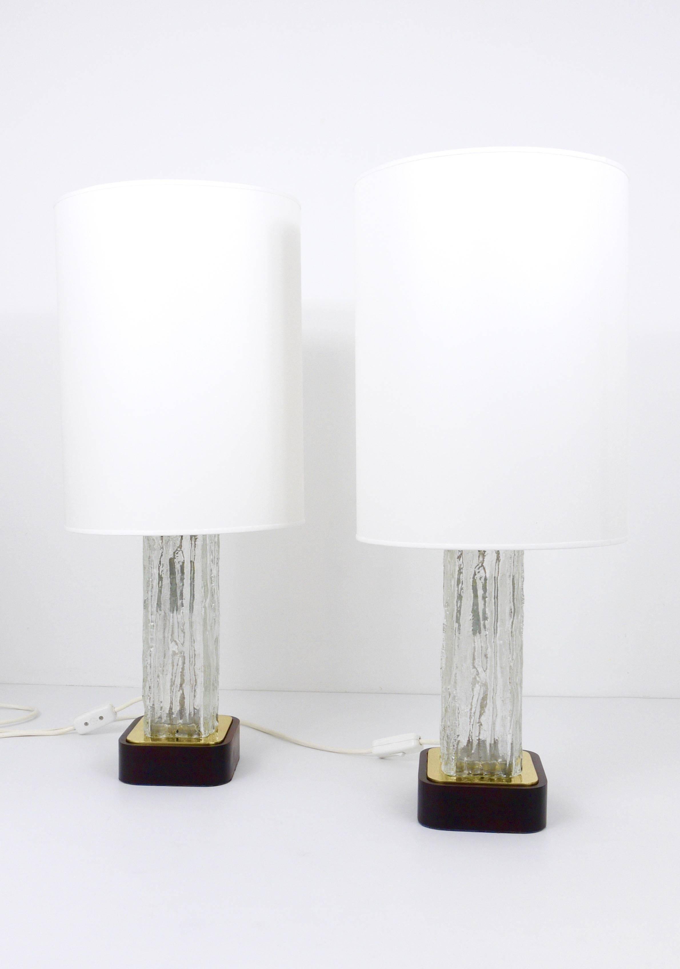 Pair of large glass ice table lamps by J.T. Kalmar "Frankenberg" with illuminated base.