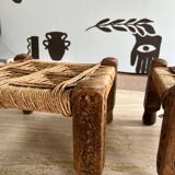 Stool in carved wood and rope from the 70s