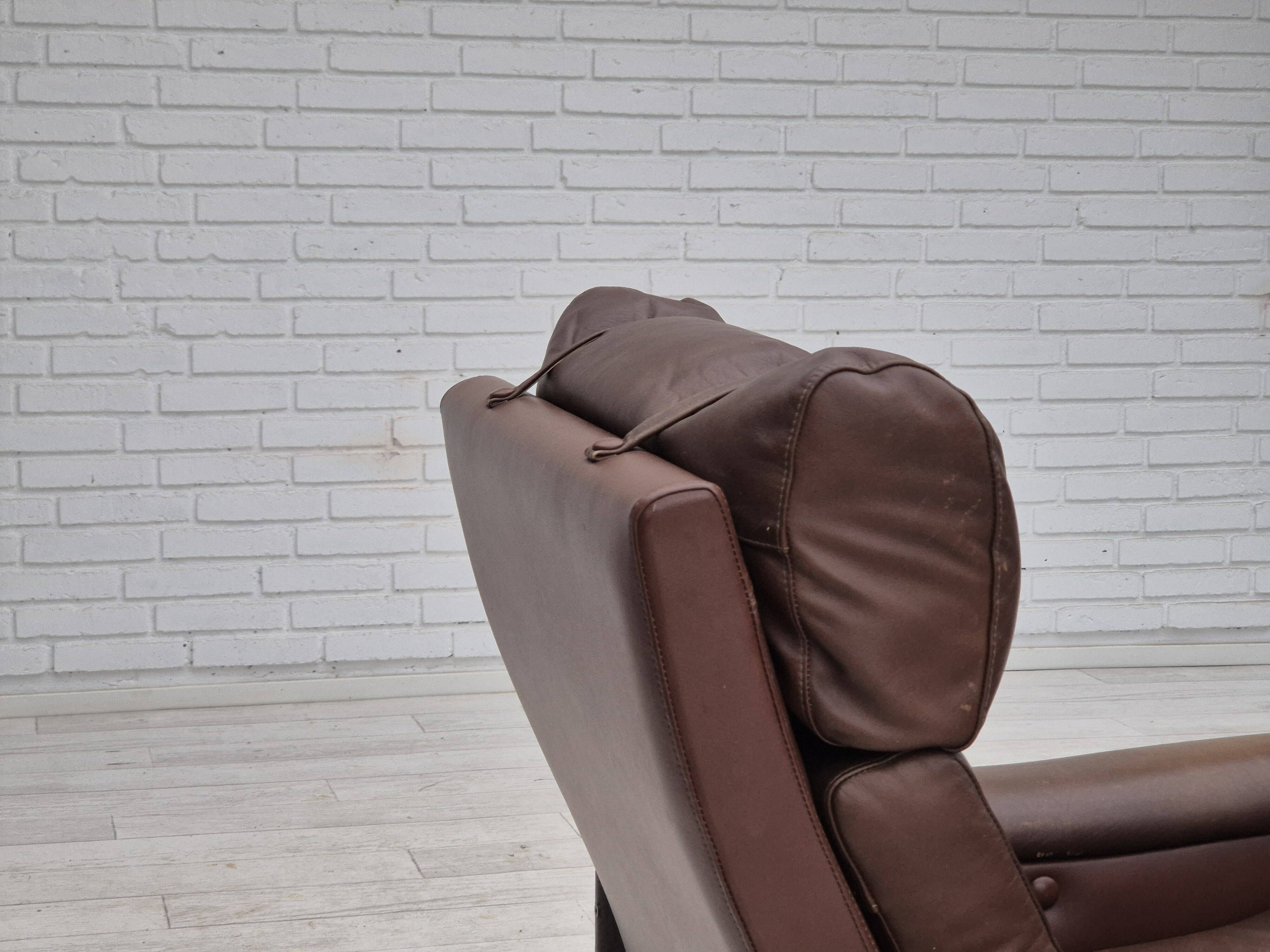 1970s, Danish armchair, original condition, furniture leather, dark oak wood.