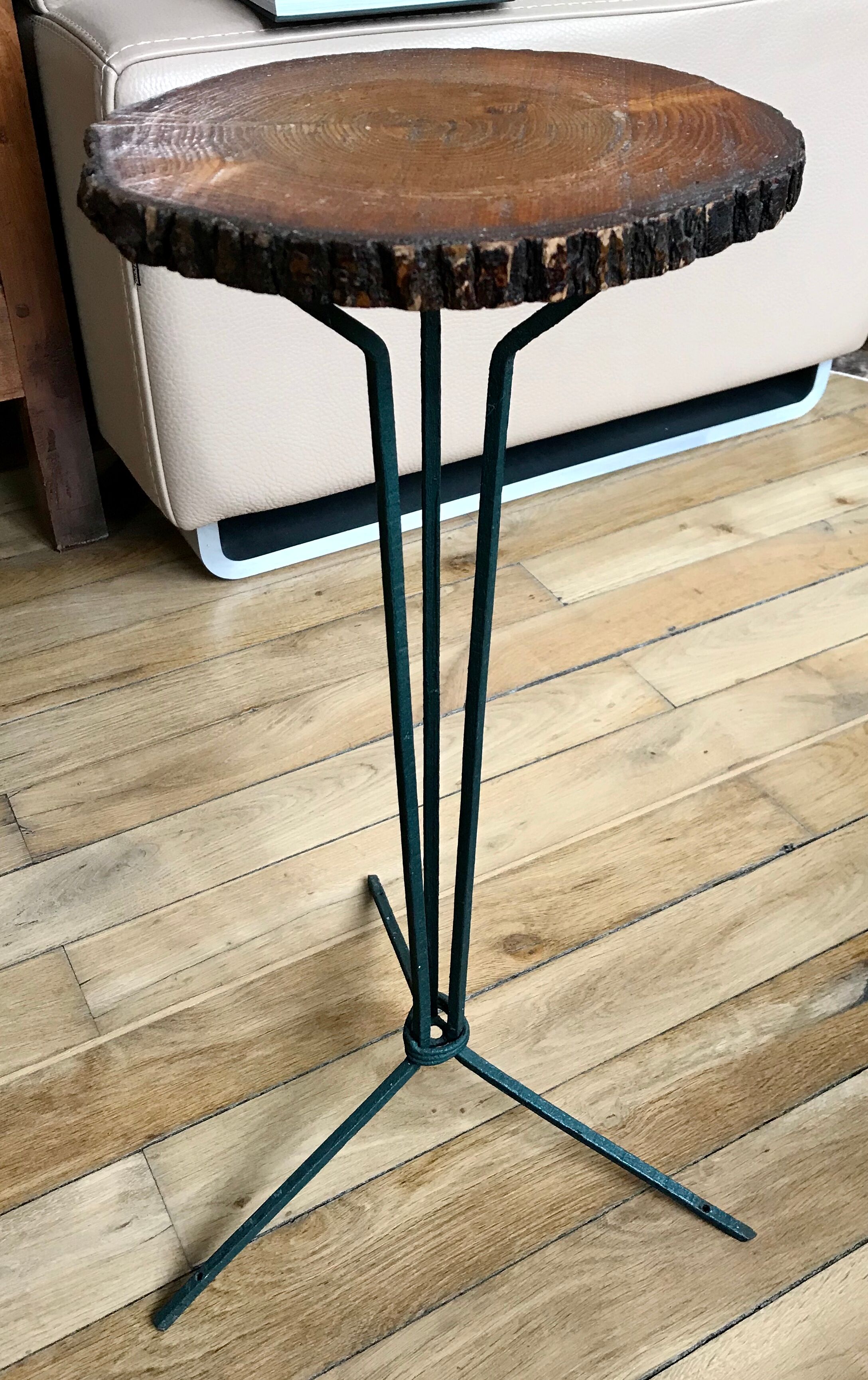Brutalist stool design in wood and iron 70s