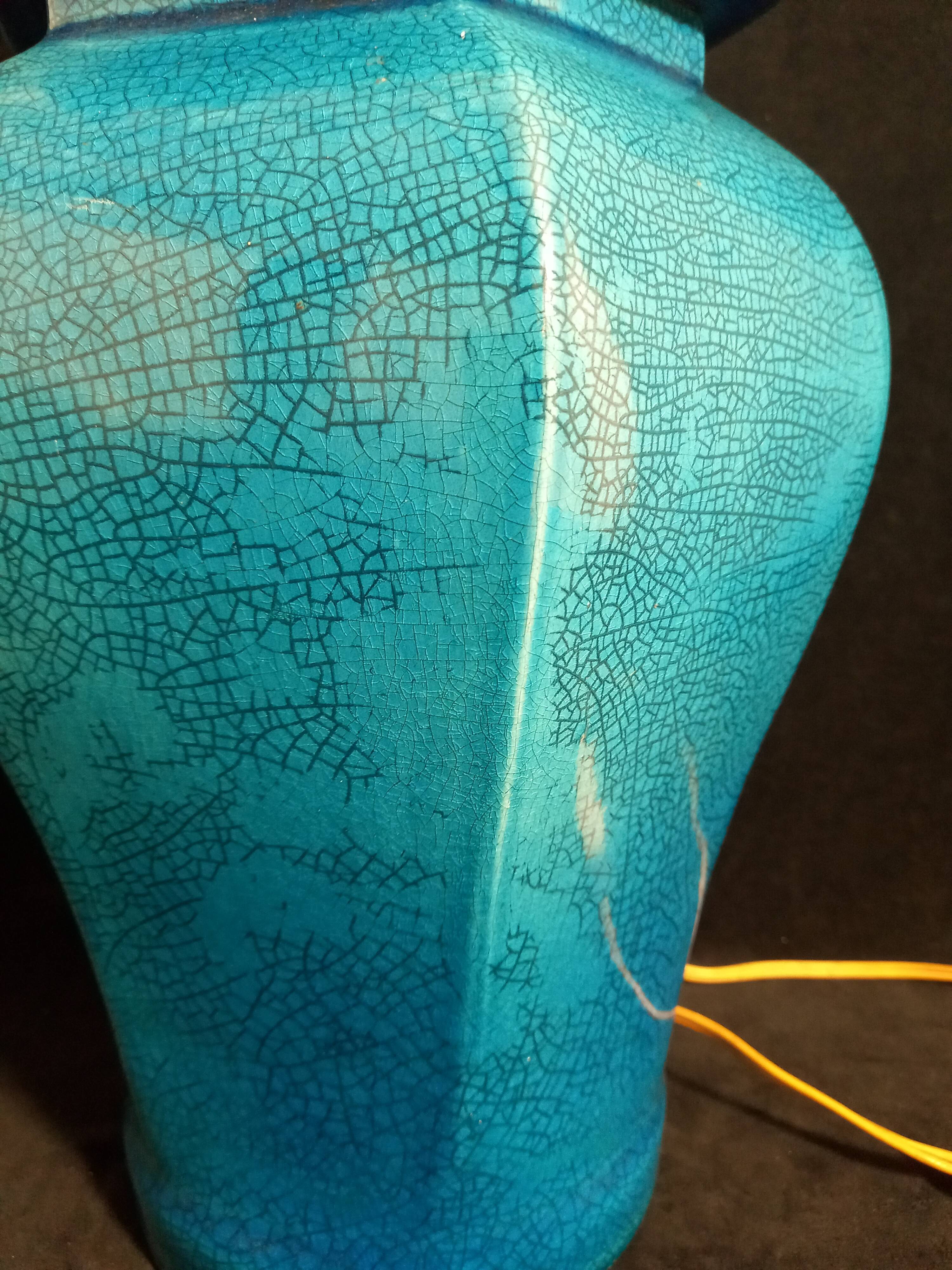 Table lamp foot in cracked turquoise earthenware