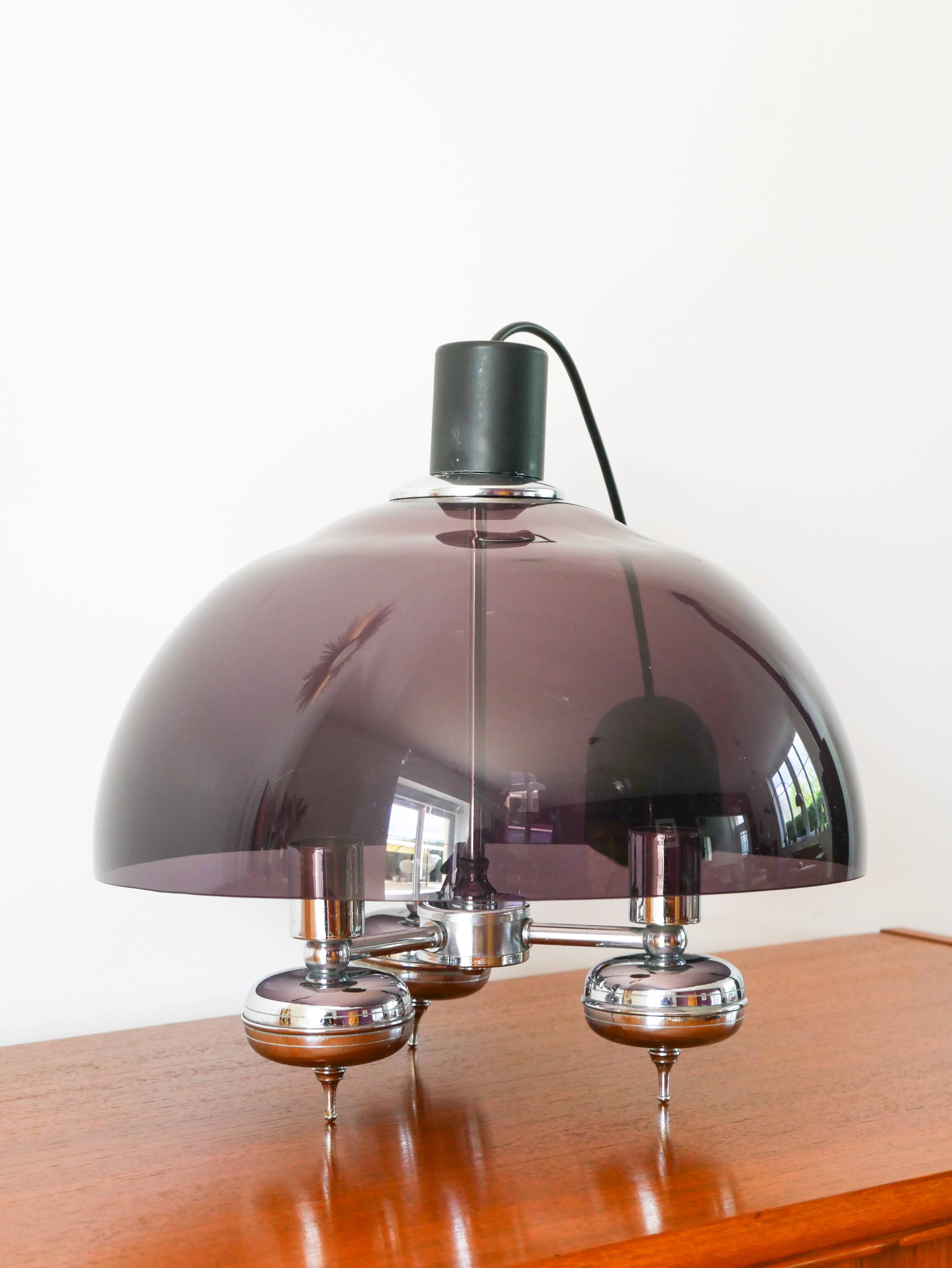 Three-branched chandelier in smoked plexi and chrome, Space Age, 1970