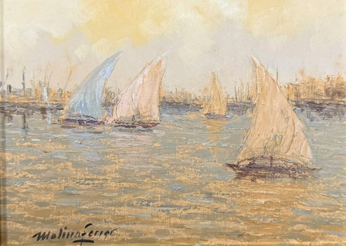 Molina Ferrer: oil painting on panel depicting a seascape with sailing boats