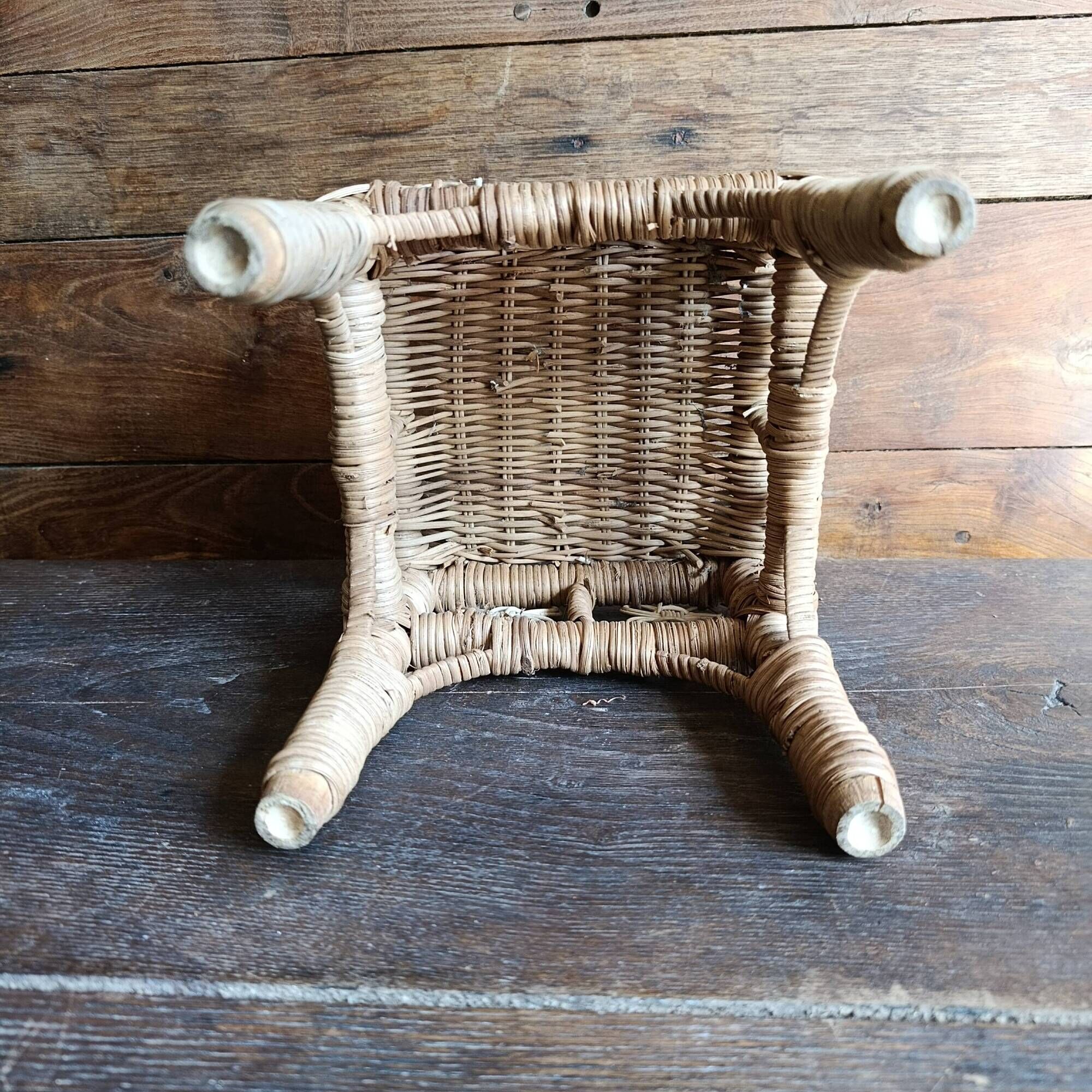 Vintage wicker stool, small woven rattan footstool and rustic plant stand