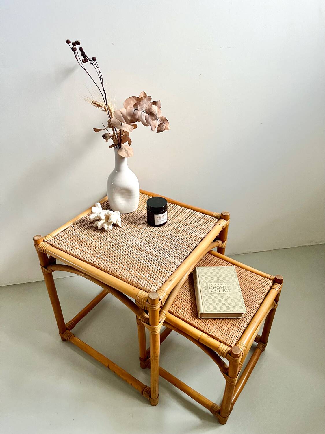 Tables gigognes bambou rotin osier - 1950/60