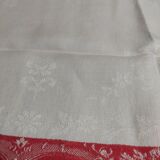 Nappe ancienne fil damassé rouge et blanc dix serviettes 150 X 190 cm