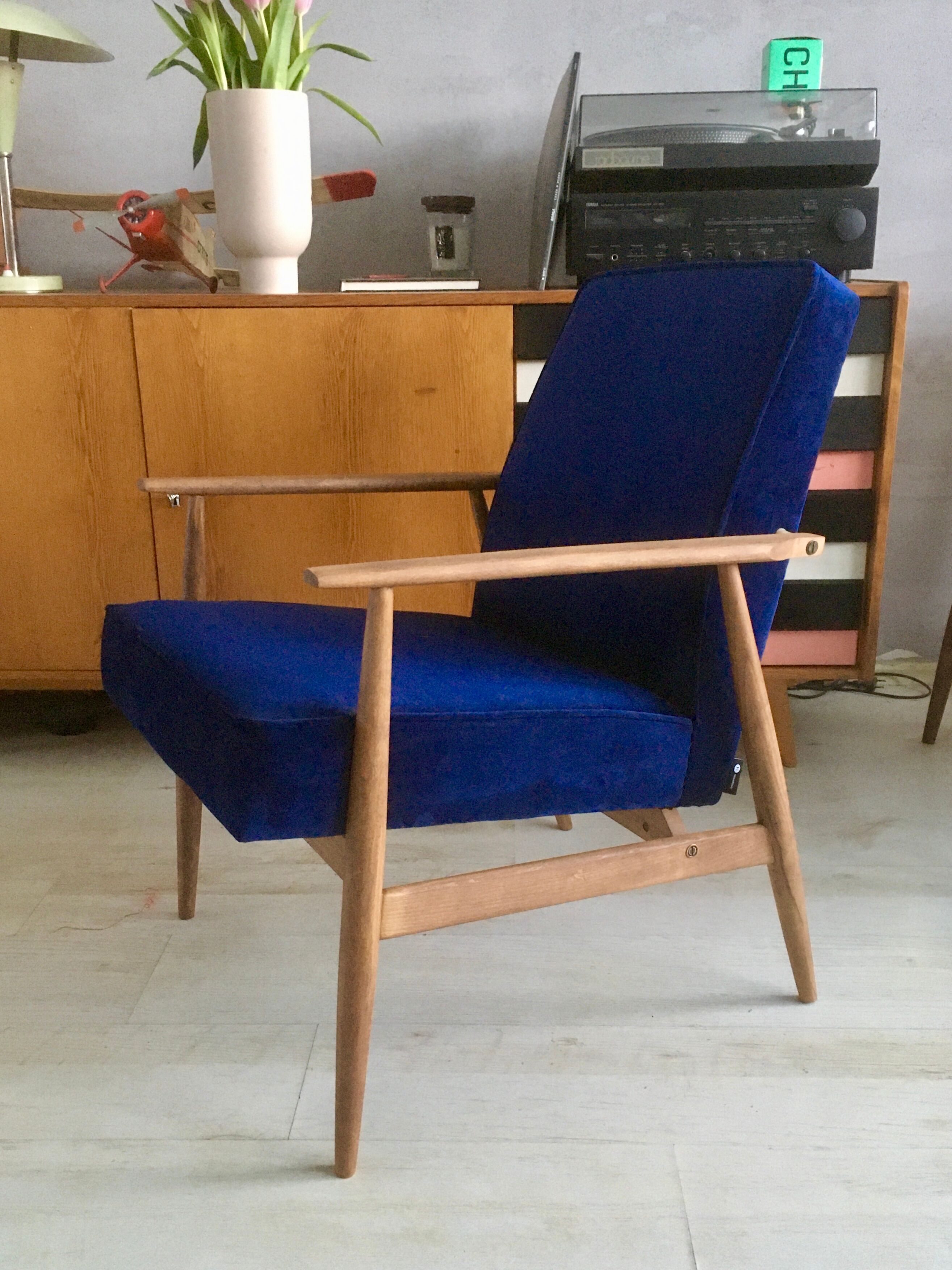 Original vintage polish armchair 300-190 from Mid-century in navy blue velvet