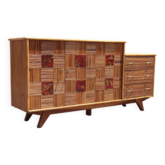Enfilade en rotin et céramique  style Audoux-Minnet 1950