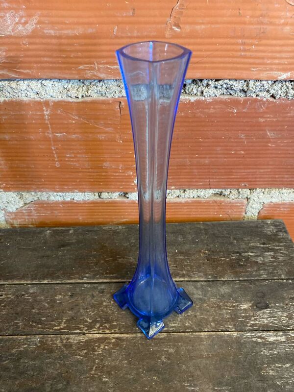 Vase Soliflore Ancien Verre Bleu Vertical Vintage Début XXeme #D755