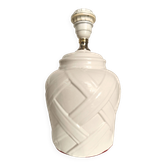 White ceramic lamp base from Manises, intertwined geometric relief.
