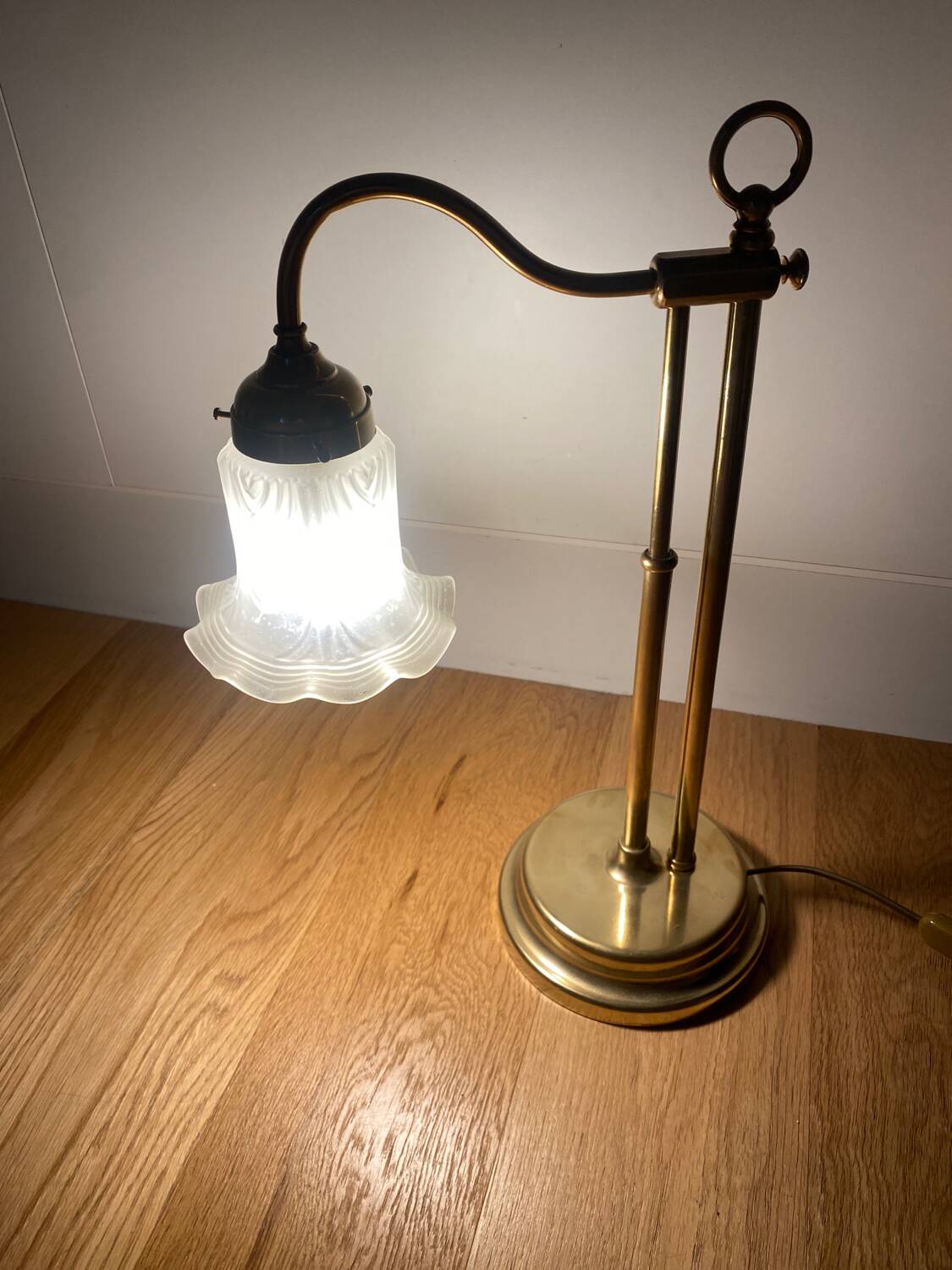 Large art deco brass lamp with swan neck and glass tulip globe