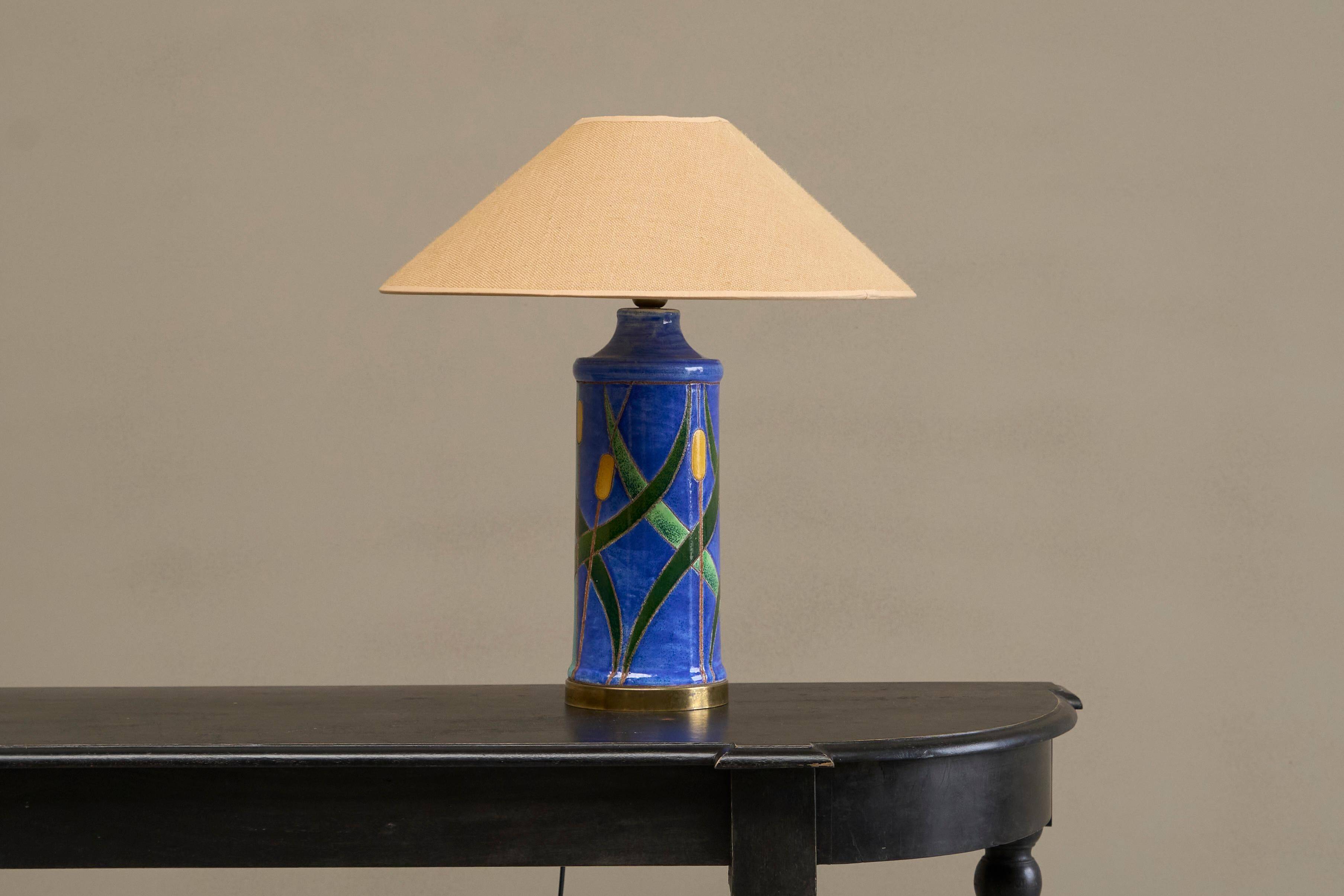 'Reed' table lamp in pottery and brass, mid-century style, 1960.