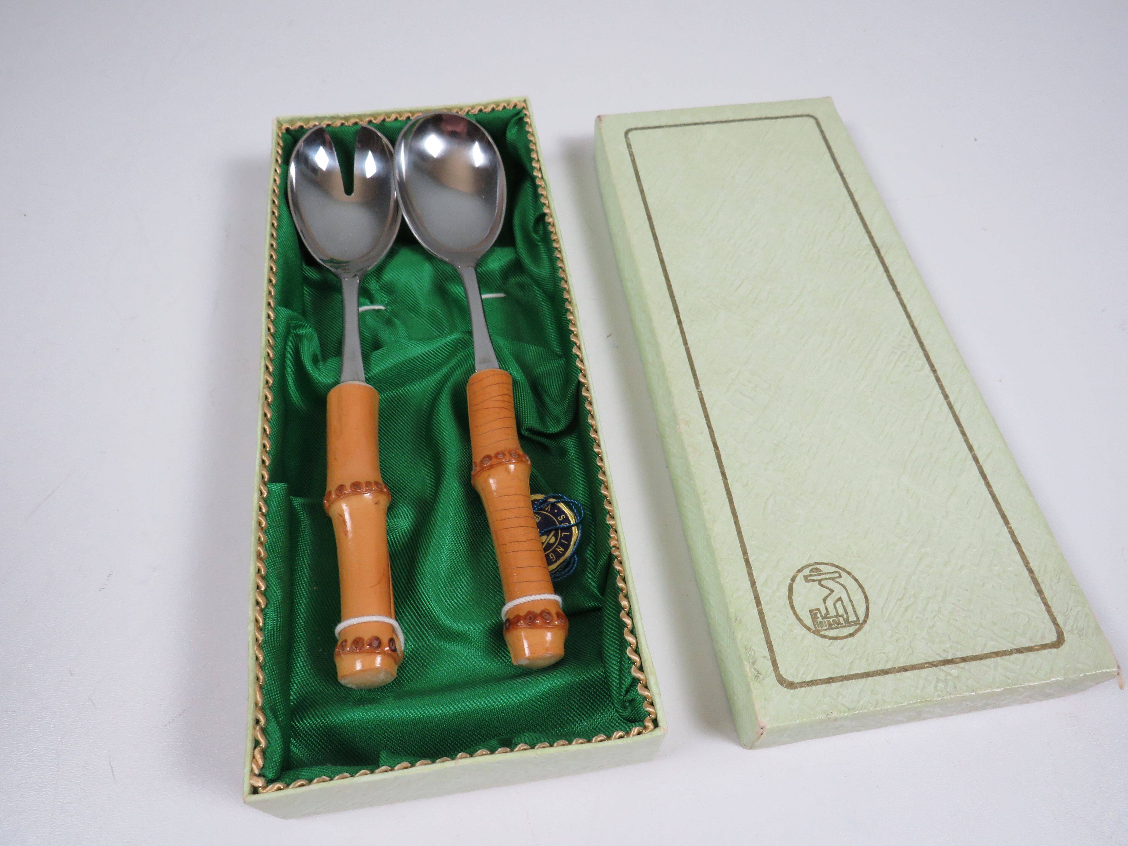 Vintage salad service Solingen in stainless steel and bamboo – Germany