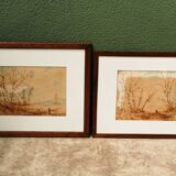 Pair of watercolors, animated landscapes, L. Meyer