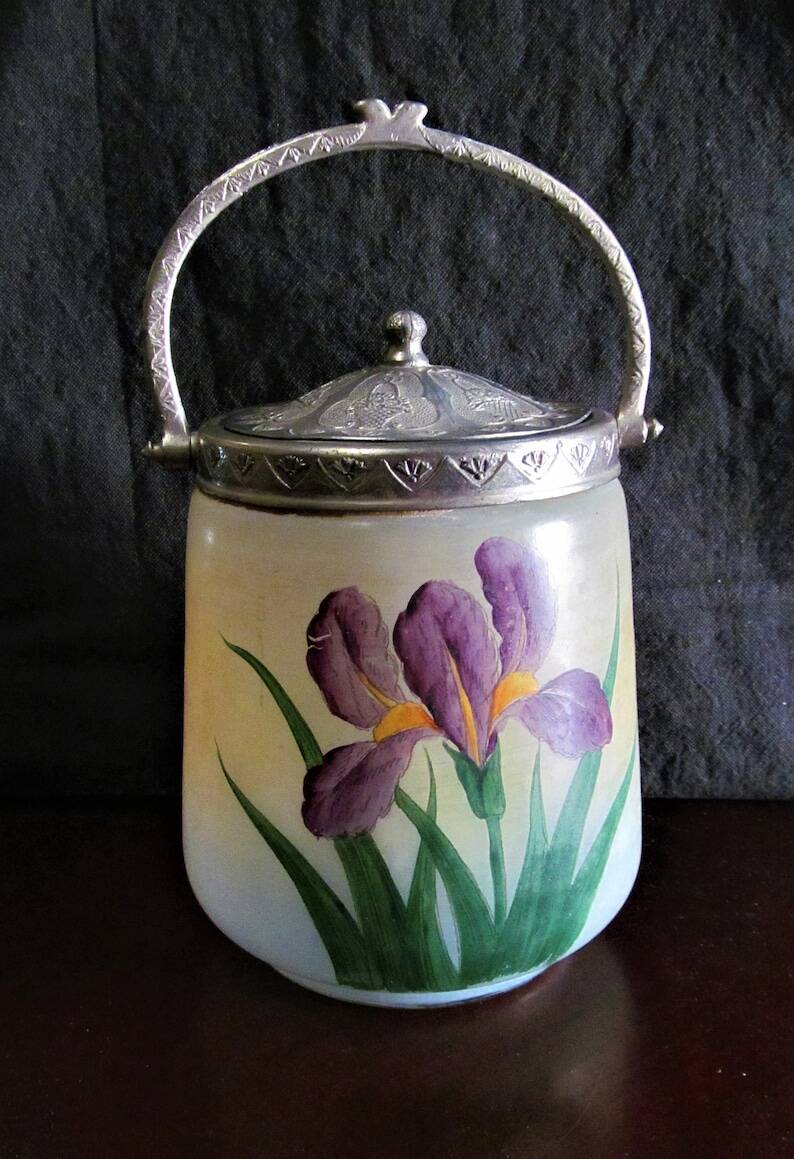 Art Nouveau Opal Glass Biscuit Jar: Hand-Painted Iris, French Candy Jar
