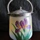 Art Nouveau Opal Glass Biscuit Jar: Hand-Painted Iris, French Candy Jar