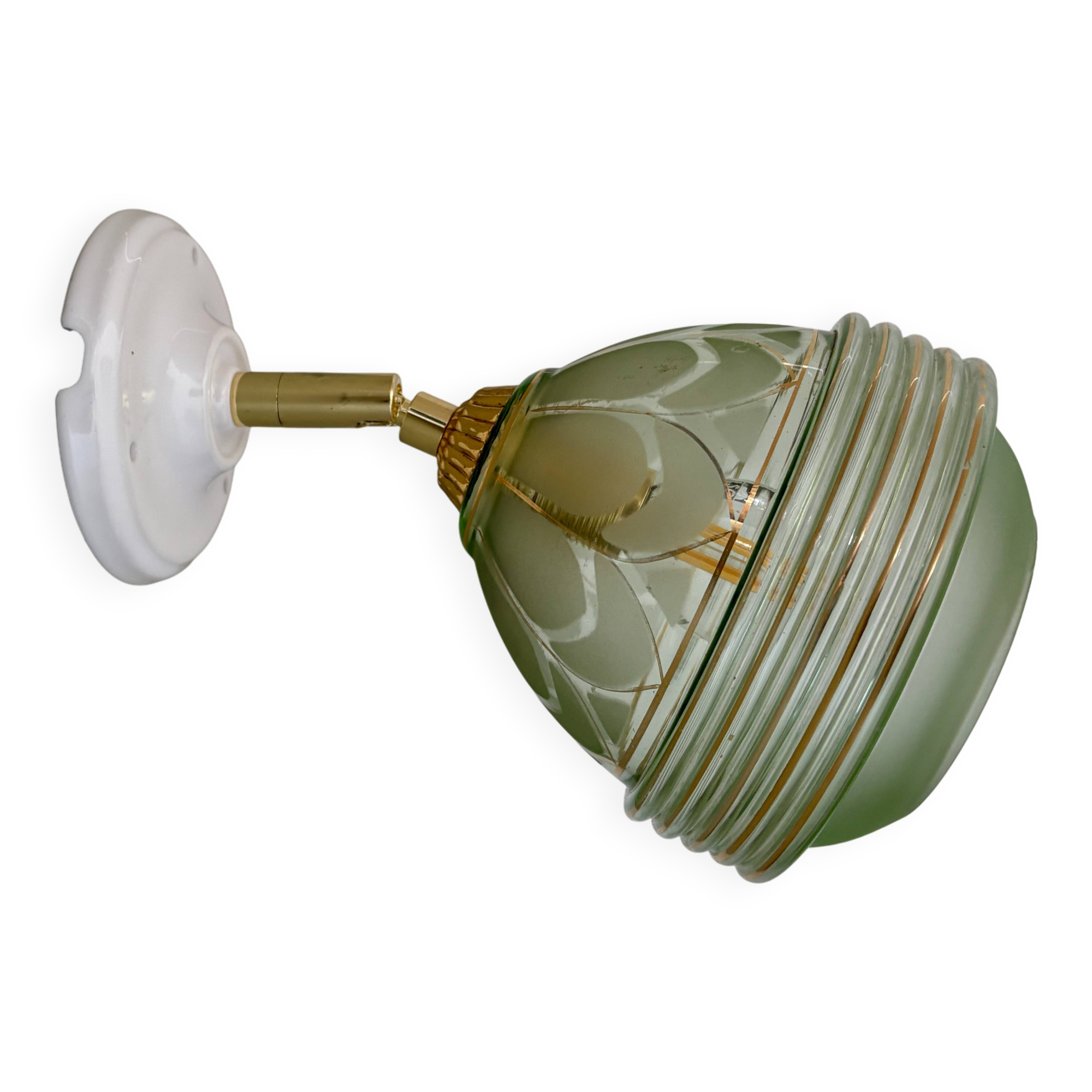 Vintage art deco tulip wall lamp in green and gold glass